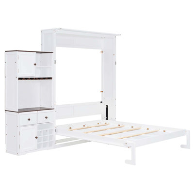 Grand lit escamotable avec armoire de rangement, support à vin, porte-verre, tiroirs et bande DEL multicolore, blanc
