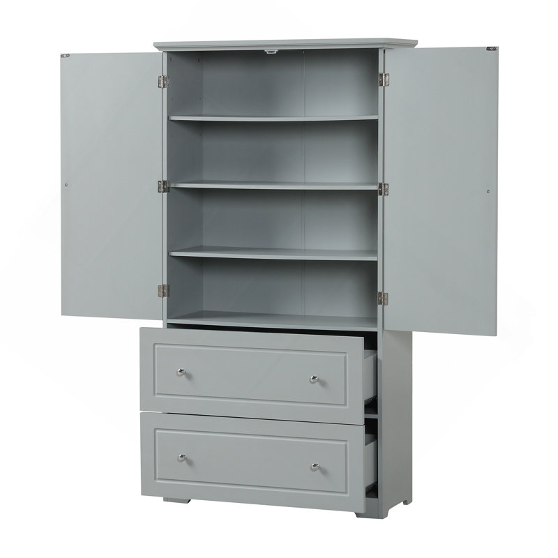 Wide Bathroom Storage Cabinet, Freestanding Storage Cabinet With Two Drawers And Adjustable Shelf, MDF Board With Painted Finish, Grey