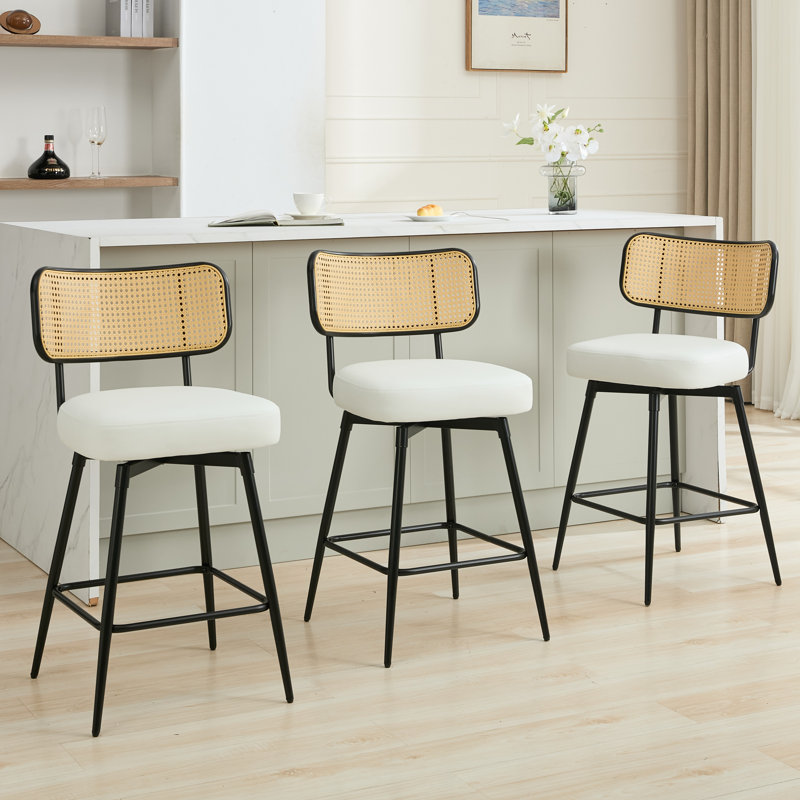 Tabourets de comptoir pivotants rembourrés avec dossier en rotin, Blanc, 3