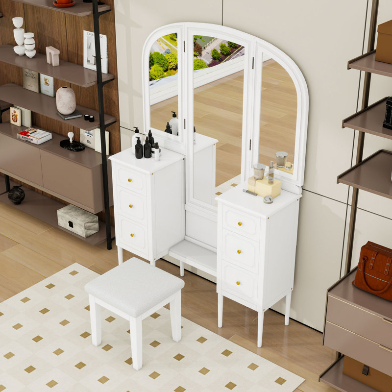 Bureau de maquillage avec miroir triple, 6 tiroirs de rangement et tabouret
