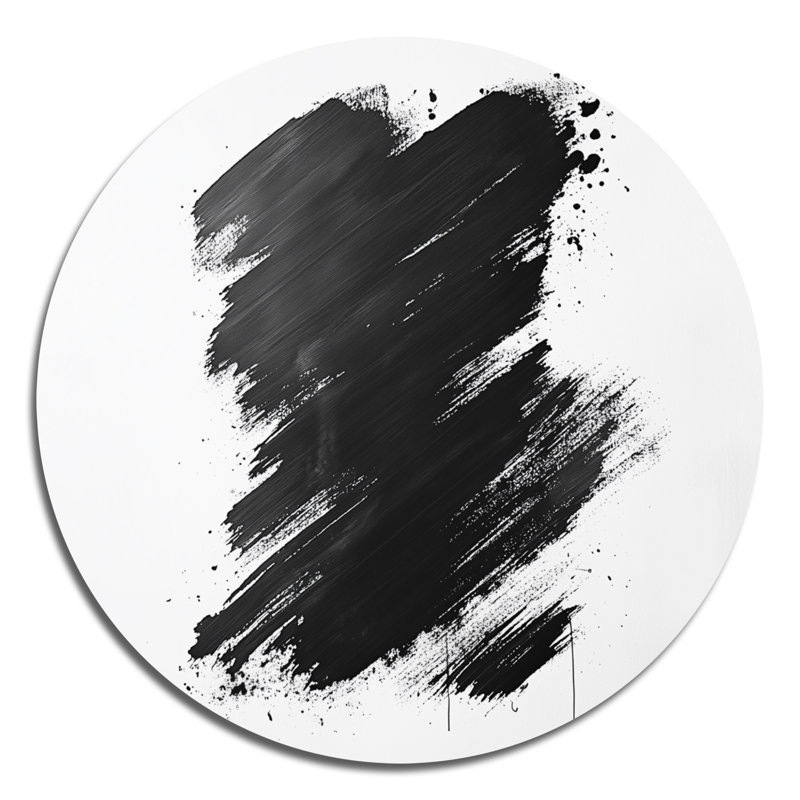 Noir et blanc, coup de pinceau méditation - Minimalisme abstrait, art mural rond en métal, L 16 po x H 16 po