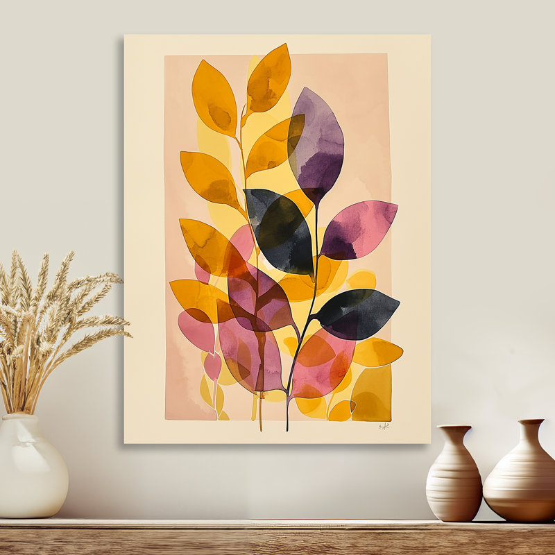 Feuilles rétro mauve jaune - reproduction d'art botanique, Métal métal, H 20 po x l 12 po
