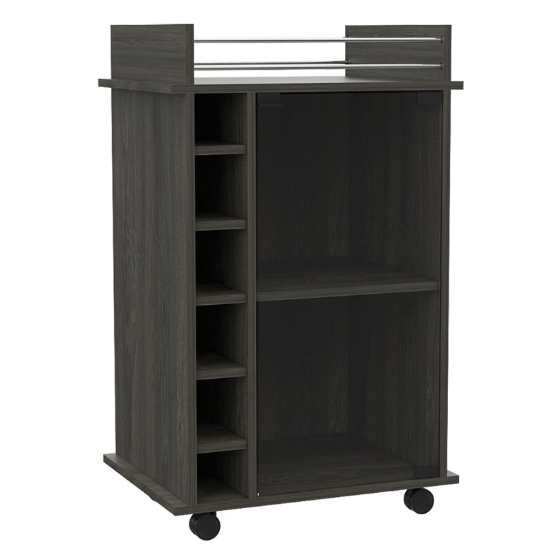 Chariot-bar, armoire à deux niveaux avec porte en verre, six casiers pour boissons alcoolisées, Gris