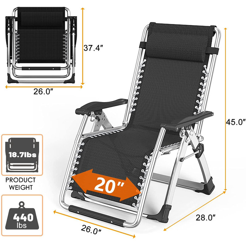 Zero Gravity Chair, Adjustable Reclining Lounge Chair with Removable Cushion, Headrest, Cup Holder for Indoor Outdoor, Supports Over 440lbs