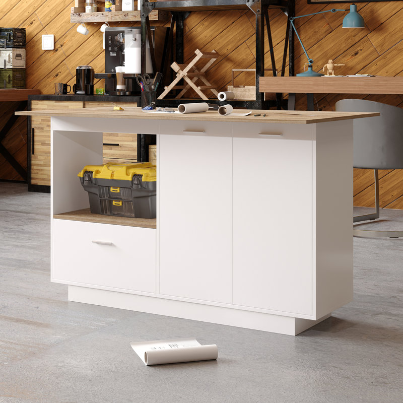 Craft Table With Extendable Tabletop, Open Storage & Drawer