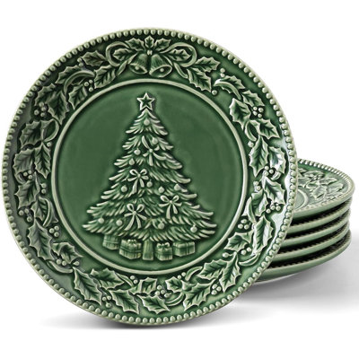 Assiette à salade de Noël en céramique embossée de 8 pouces, assiette à dîner verte pour décoration de table de fête