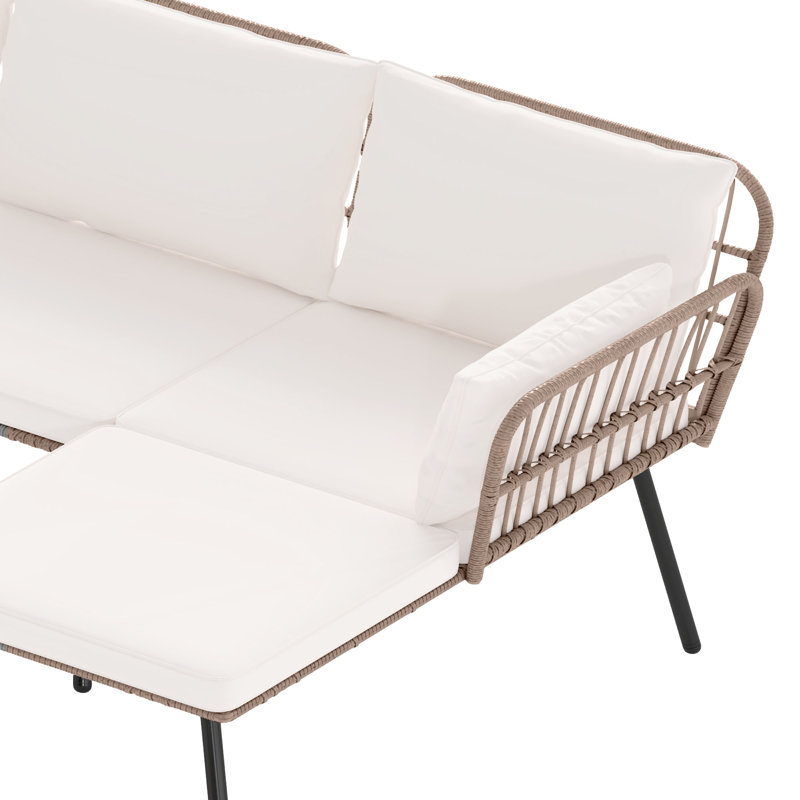 Outdoor Rattan Sofa Set – L-Shaped Sectional with Tempered Glass Coffee Table and Beige Wicker