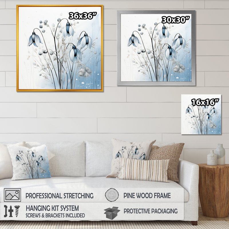 "Minimalisme bleu et blanc", "Snowdrops Bloom", reproduction sur toile, H 16 po x l 16 po x P 1 po, Cadre simple noir