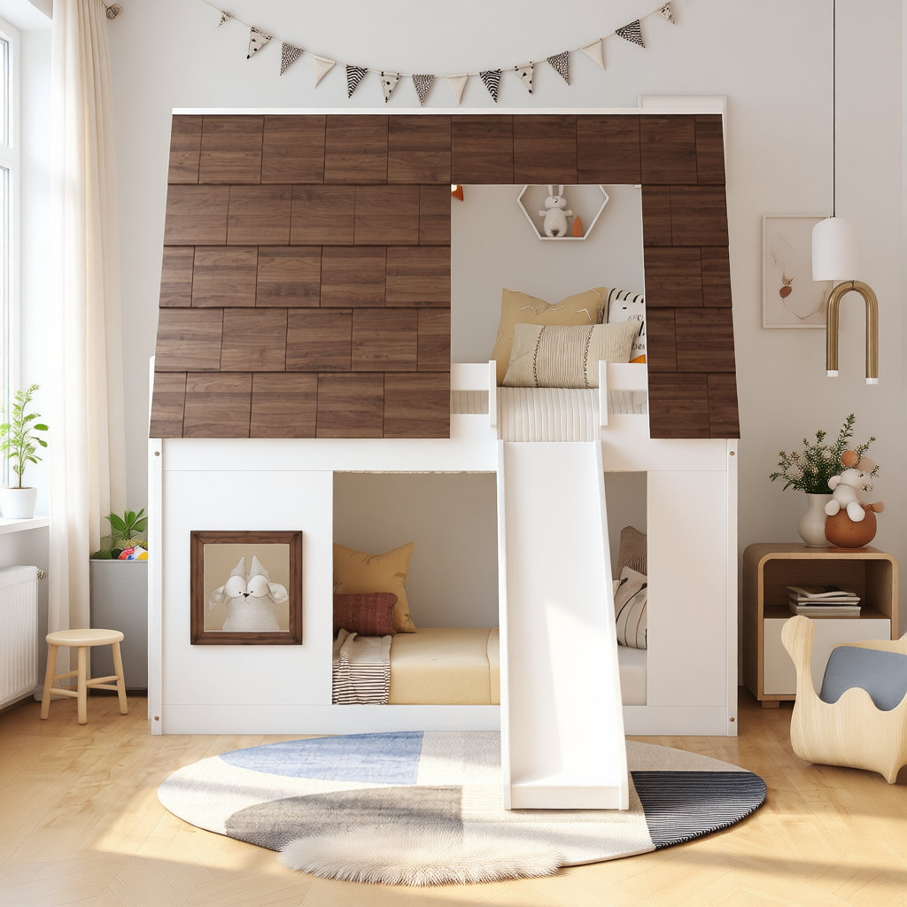 Ophelia & Co. Twin Size Wood House Bunk Bed with Roof, Slide & Ladder ...