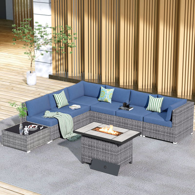 Ensemble de conversation pour 8 personnes avec table basse, ensemble de conversation modulaire en rotin et osier avec coussins, ensemble de conversation pour canapé toutes saisons avec foyer pour table de jardin