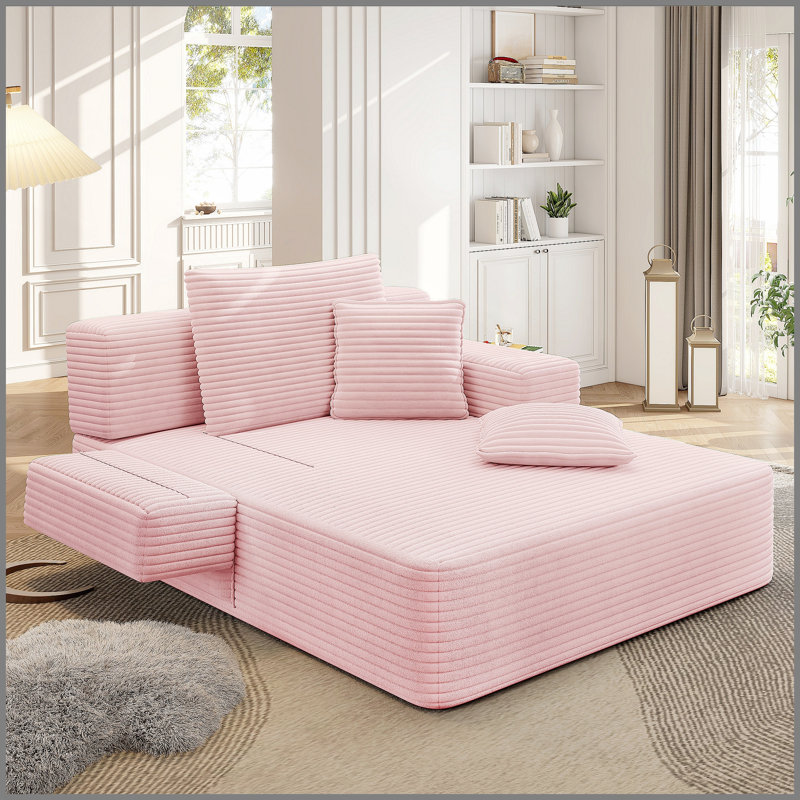 Luxueuse chaise longue en velours côtelé moelleux avec 3 coussins, canapé-lit convertible avec poche de rangement, conception sans cadre et mousse de compression pour les petits espaces, salon, appartement, rose bébé