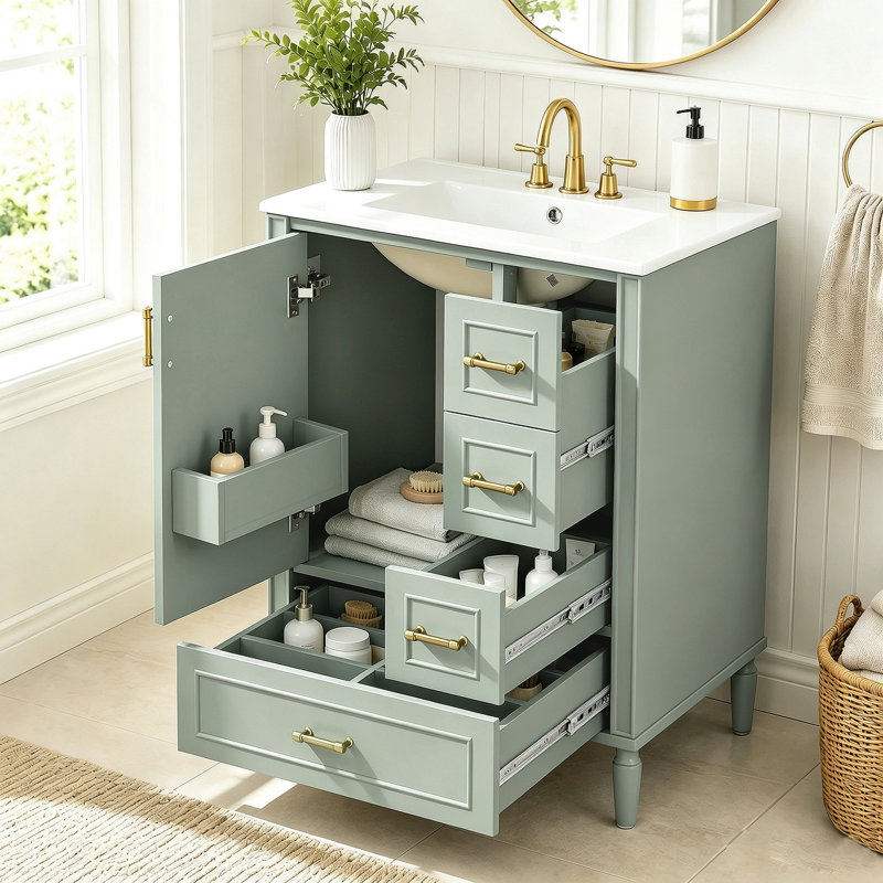 Meuble-lavabo moderne de 24 po avec lavabo en céramique, porte à fermeture douce, 3 tiroirs, poignées dorées et support de porte pour un rangement peu encombrant