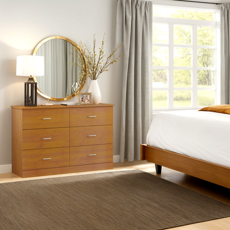 Allyannah 47" W 6-Drawer Double Dresser with Interlocking Drawers, Amber Walnut