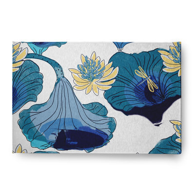 Tapis intérieur / extérieur tissé à la machine Floral en chenille bleu / jaune