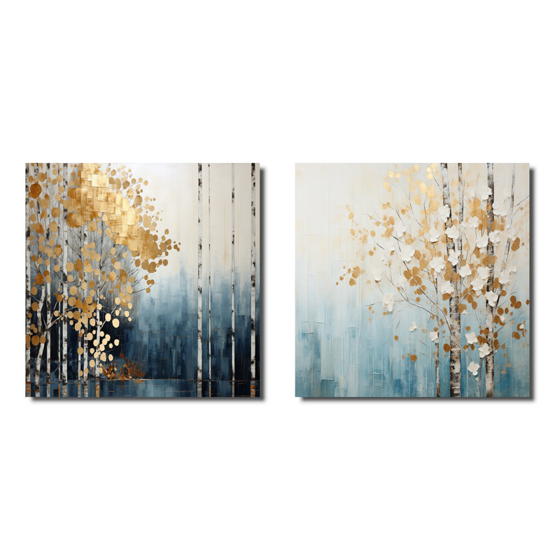 Minimalisme - Forêt bleue et dorée - ensemble de 2 carrés de forêt, H 16 po x l 33 po, Toile tendue