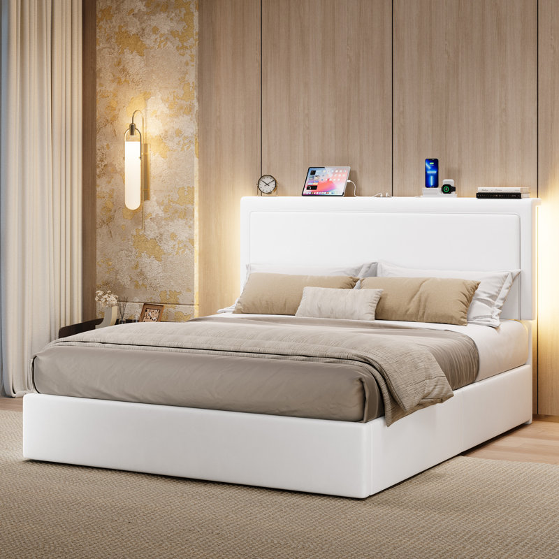 Modern Velvet Upholstered Platform Bed With LED Headboard, Built-In Charging Station, And Lift Under-Bed Storage, Full, White