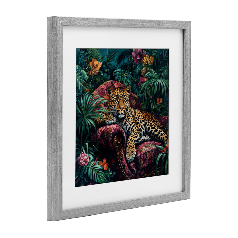 Leopard à la mode dans la jungle, reproduction encadrée sous verre, design par Petal Prints Design, Cadre de ferme gris
