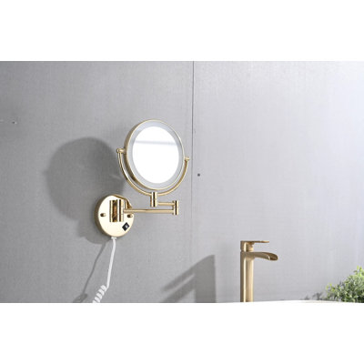Miroir de maquillage mural double face à DEL de 20 cm (8 pouces), acier inoxydable 304, alliage de zinc et verre sans cuivre, 1 pièce, miroir de coiffeuse mural avec grossissement 1x/3x, 42 DEL, rotation à 360° et bras réglable, doré