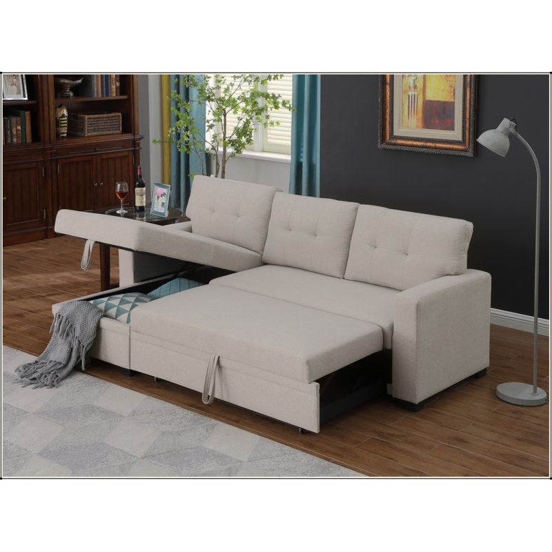 Upholstered Pull Out Sectional Sofa With Chaise, Beige