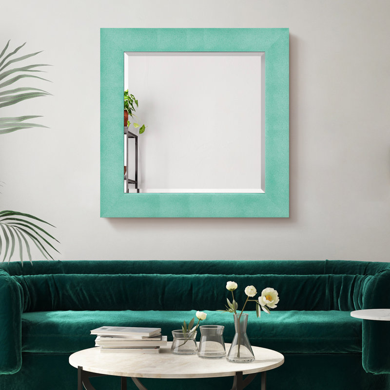 Teal Metallic Shagreen Leather Framed Beveled Mirror, Teal