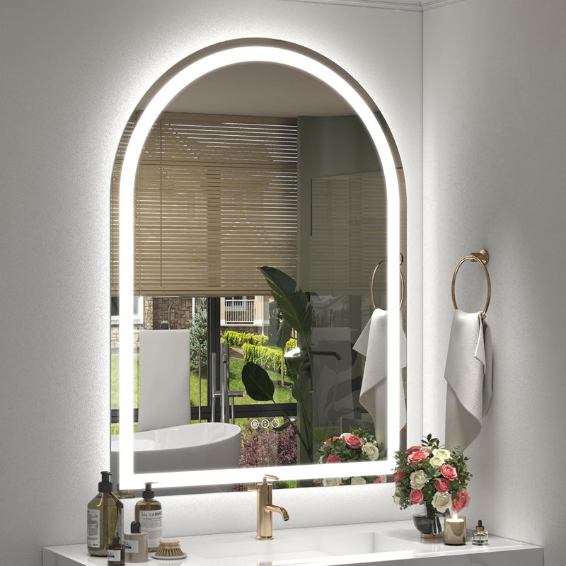 Miroir de salle de bain arqué certifié ETL avec éclairage DEL avant et arrière, antibuée, intensité variable (3 couleurs), verre trempé