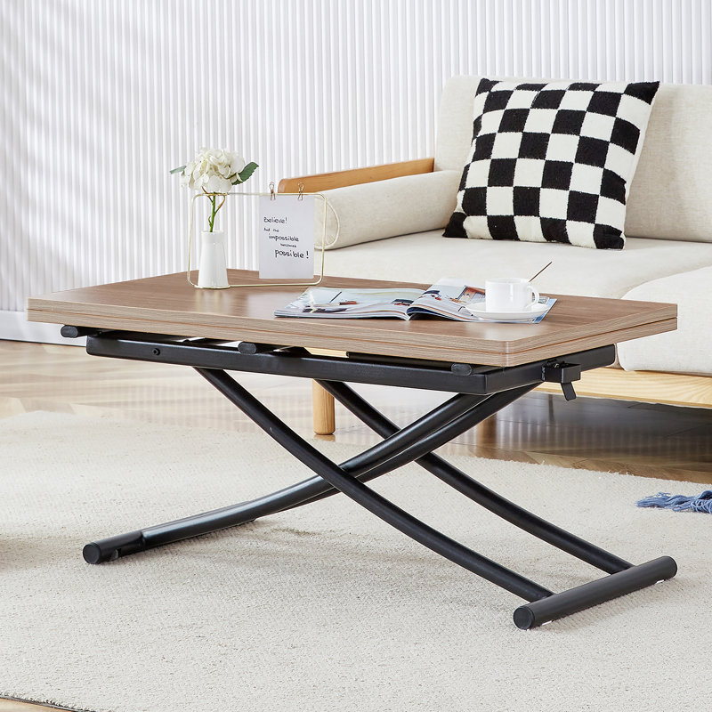 Modern minimalist multifunctional lift table with 0.8 inch MDF desktop and metal legs, Natural Wood Wash, Black