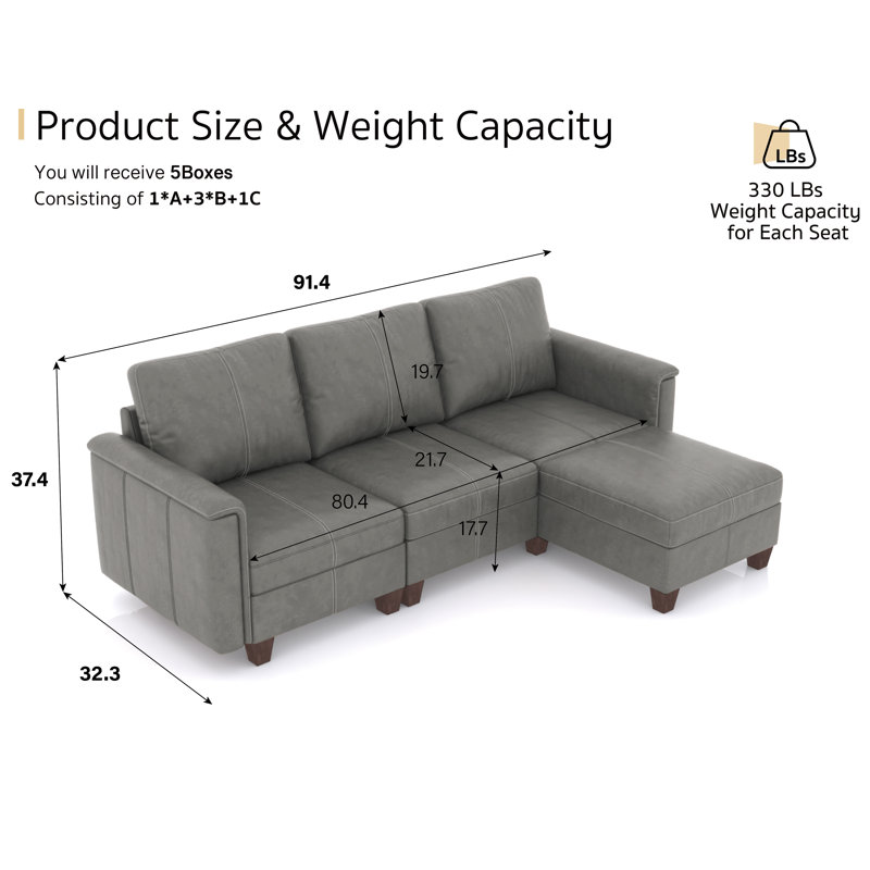Canapé modulaire 91 po en similicuir avec repose-pieds de rangement, canapé en L réversible de style Mid-Century moderne avec accoudoirs rembourrés, gris