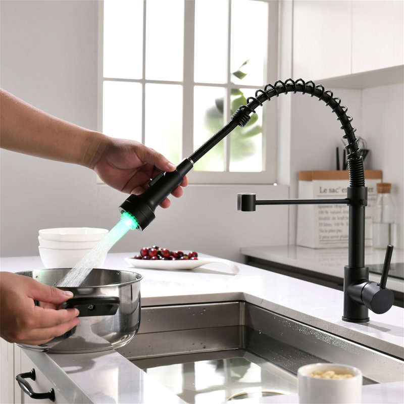LED Commercial Kitchen Faucet With Pull Down Sprayer, Single Handle Single Lever Kitchen Sink Faucet