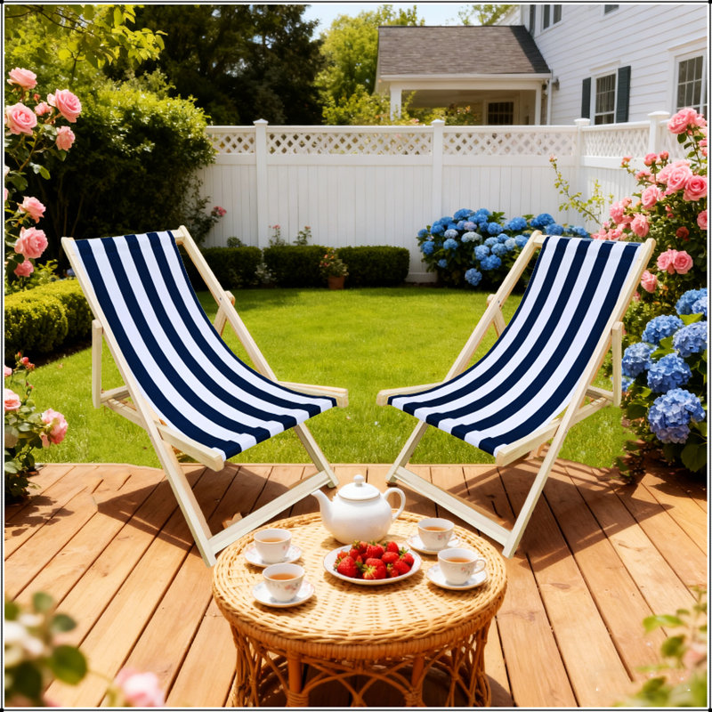 Populus Wood Sling Chairs With Blue Stripe Design, Adjustable Backrest, And Foldable For Easy Storage - Set Of 2