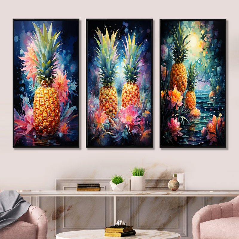 «Green and Yellow Cosmic Pineapple I», ensemble de 3 ananas sur toile, Cadre flottant noir, H 40 po x l 60 po