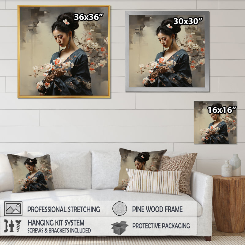«Asian Art Geishas Grace III», reproduction sur toile, H 30 po x l 30 po x P 1 po, Cadre flottant doré