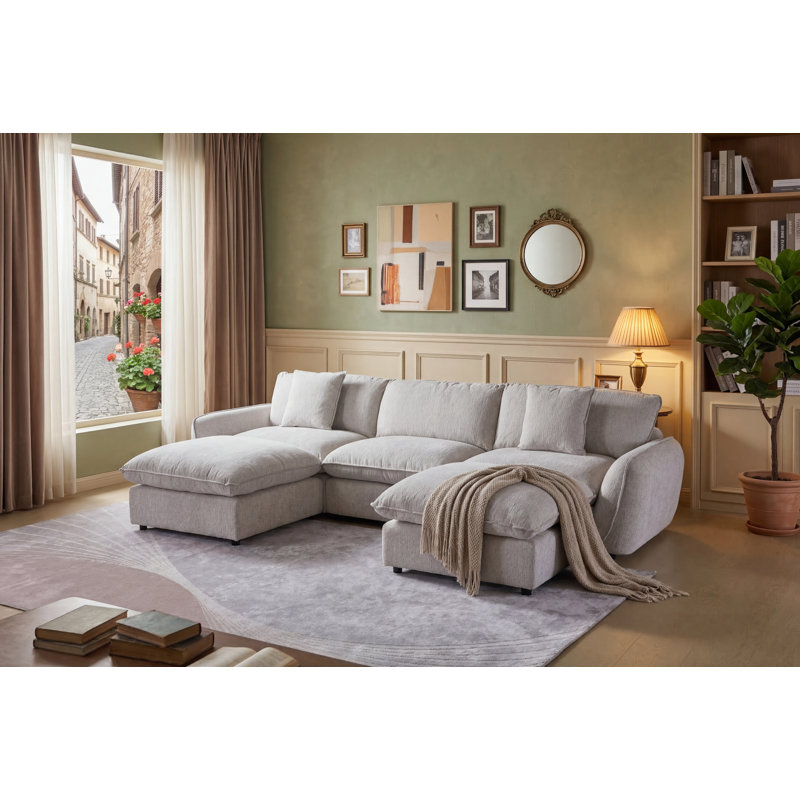 Grand canapé modulaire en forme de U 5 pièces de 132 pouces avec deux repose-pieds, Chenille gris pâle