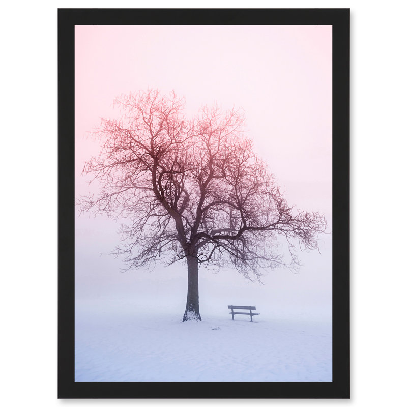 Winter Landscape Snow Lone Tree Bench Foggy Sunrise - Single Picture Frame Print