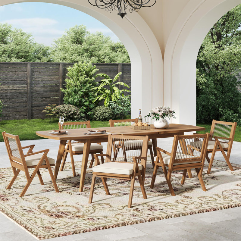 Ensemble repas extensible 7 pièces avec table en bois d'acacia et chaises à dossier en corde, teck