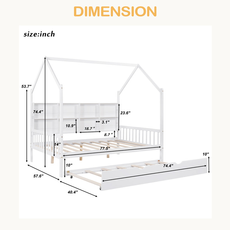 Lit House avec lit gigogne, lit pour enfant avec tablette, Lit double