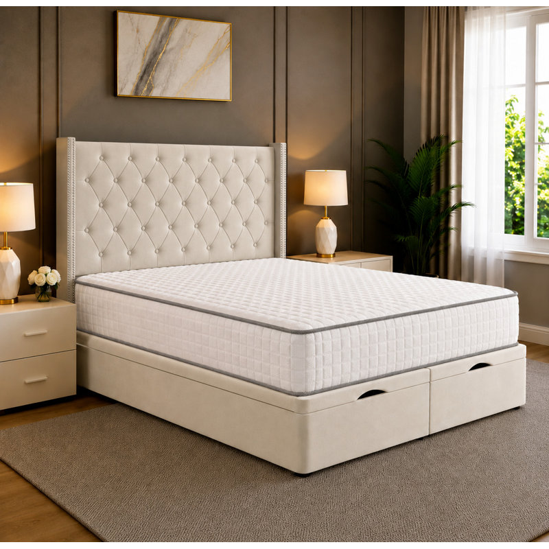 Nova Wingback Chesterfield Tufted Divan Storage Ottoman Bed Frame, Cream Plush Velvet, 4FT Small Double Bed