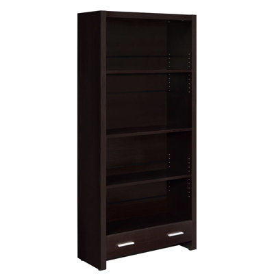 Bibliothèque à quatre tablettes avec cappuccino et tiroir, style transitionnel, placage, tablettes arrière fermées, cappuccino de rangement à 4 tablettes d'étude, conception à tablette réglable, glissières à tiroir dissimulées, bureau