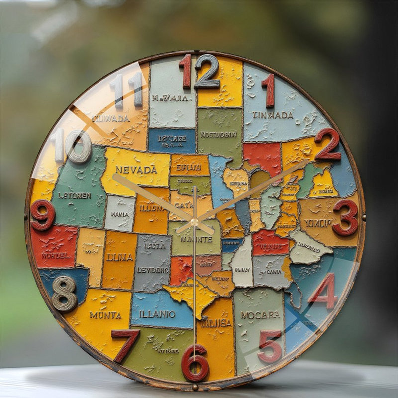 Colorful State Map Wall Clock Decor Art - 12'' Modern Glass Wall Clock