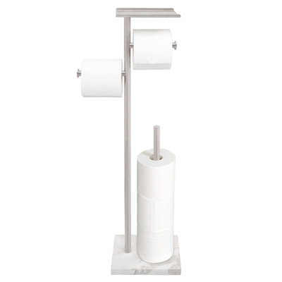 Porte-papier hygiénique avec tablette, base en marbre, porte-rouleau de papier toilette autoportant avec 2 distributeurs, acier inoxydable SUS 304, capacité de rangement de 5 rouleaux, (nickel brossé)