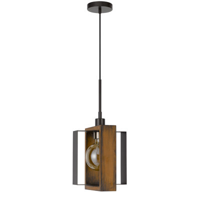 Agrigento 60W Pine Wood Metal Pendant Light with Cross Design, Wood Black, 9W x 21.5H