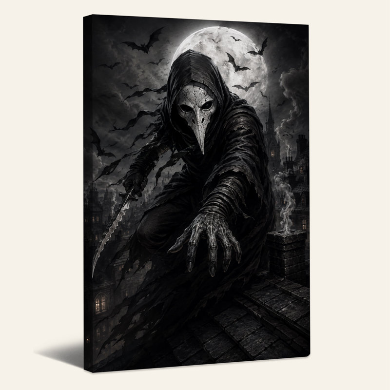 «Dark Plague Doctor on Gothic Rooftop Under Full Halloween», art mural sur toile, H 36 po x l 24 po