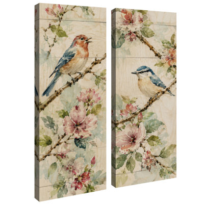 Fleurs roses et oiseaux chanteurs bleus - Décoration botanique naturelle - Ensemble de 2 impressions sur toile encadrées 81 x 30 x 5 cm