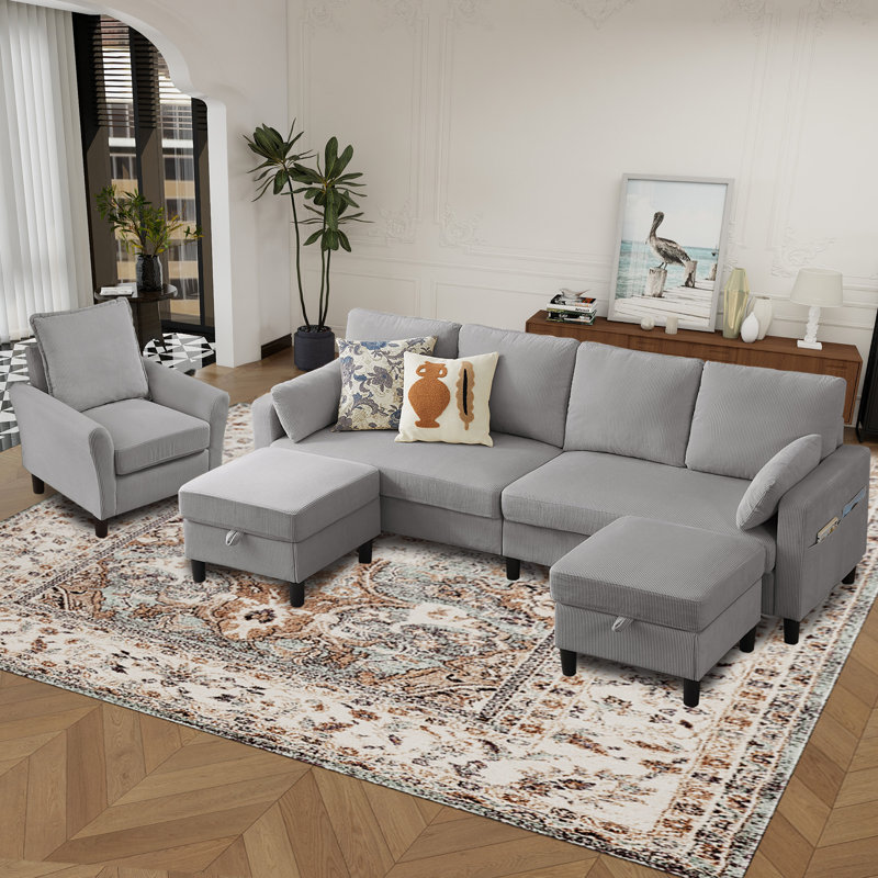 Ensemble de salon de 101 po en velours côtelé 3 pièces comprenant un canapé modulaire en L 4 places, 2 repose-pieds avec rangement et une chaise