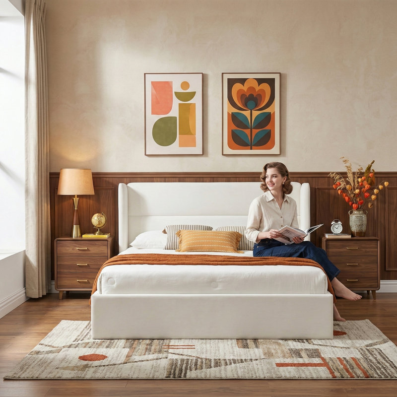 Lit plateforme tapissier avec rangement Gaillarde, Double, Crème
