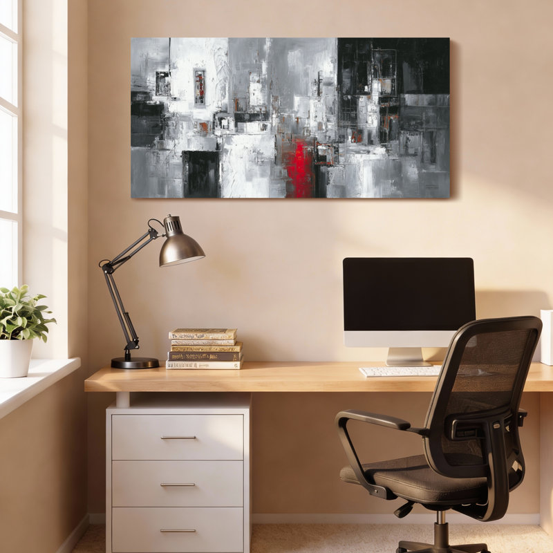 Ensemble de 1 tableau abstrait sur toile tendue grise, noire et rouge, H 20 po x l 40 po