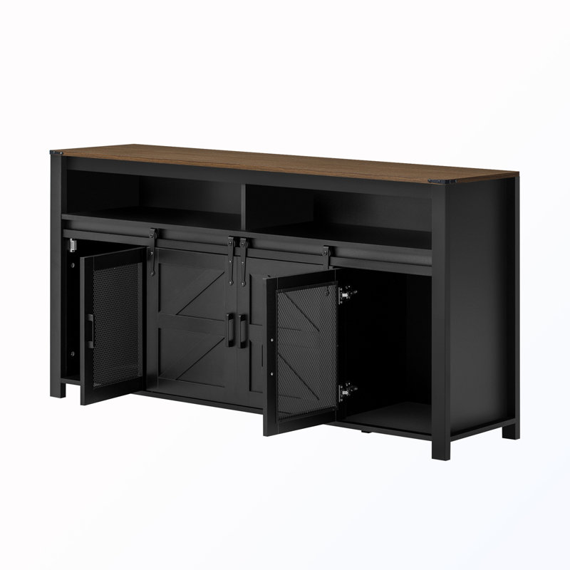 Buffet à porte coulissante avec panneaux en filet et rangement ouvert, Noir