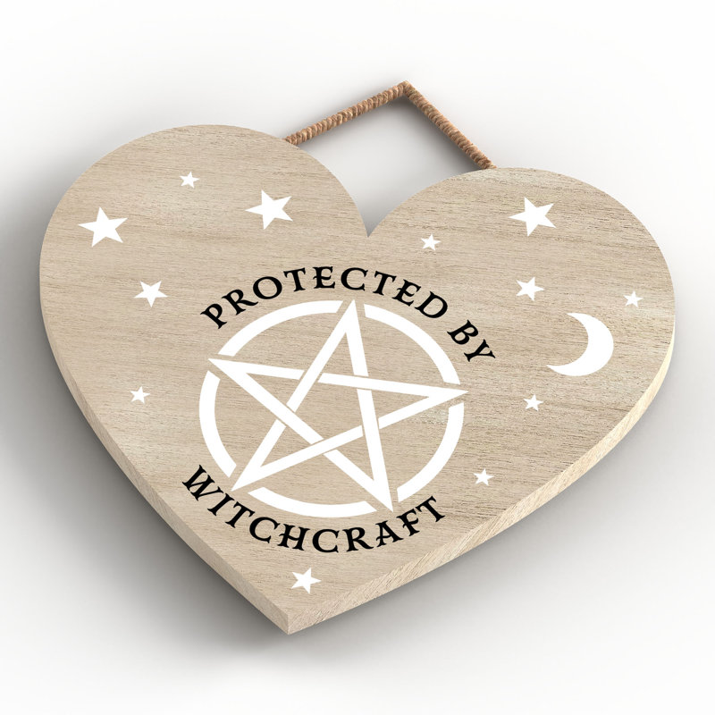 Protected by Witchcraft Wooden Heart Plaque, Brown, 16cm H x 17cm W x 0.9cm D