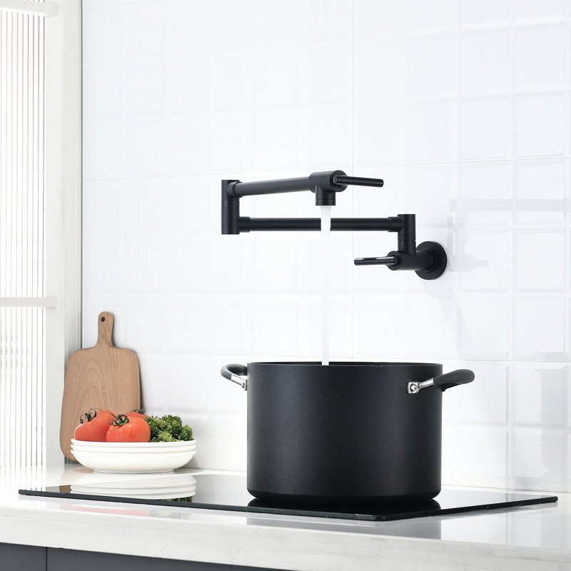 Robinet de remplissage de pot de cuisine - laiton, fixation murale, noir, bras pivotant à double articulation rotatif à 360 °, laiton commercial, noir avec double bec pour le café