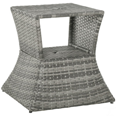 Rattan Wicker Side Table With Umbrella Hole, 2 Tier Storage Shelf For All Weather