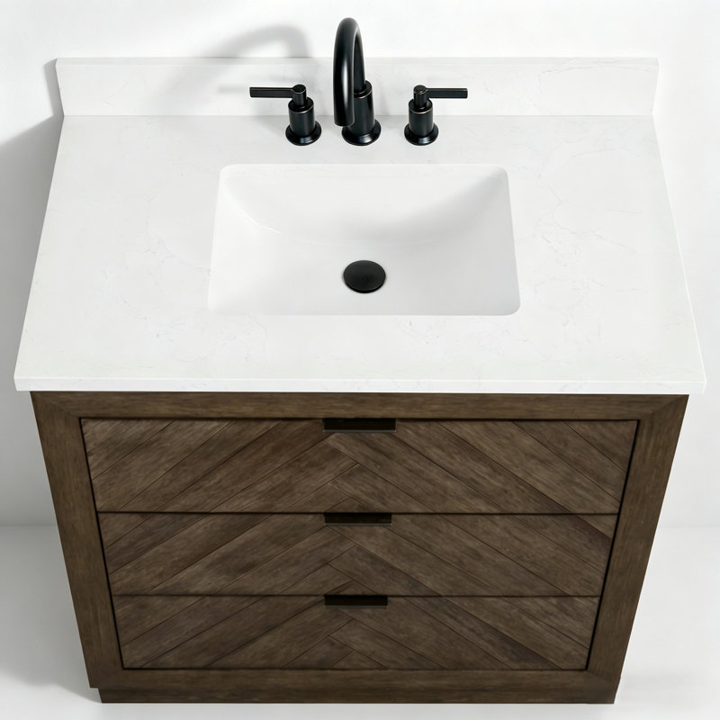 Meuble-lavabo moderne en bois massif 36 po avec plateau en marbre